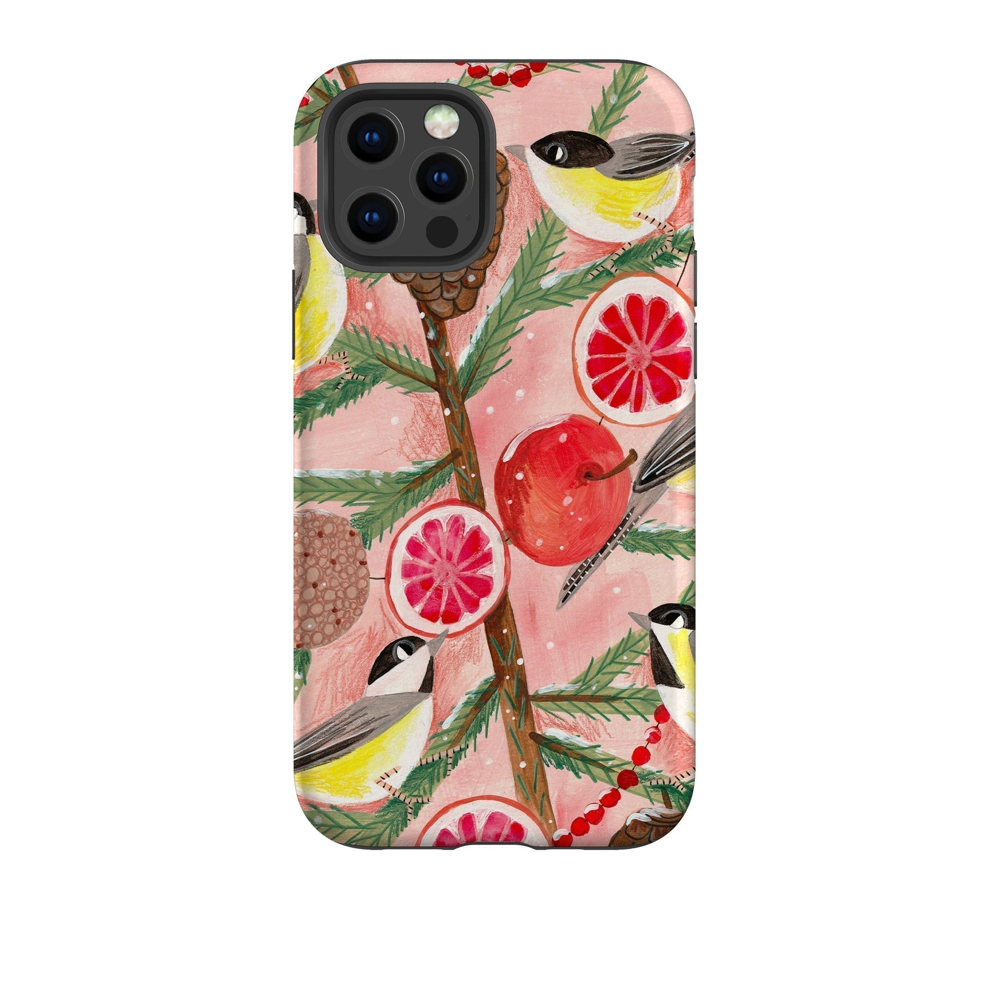 iPhone phone case-Chickadee By Caroline Bonne Muller-Product Details Raised bevel to protect screen from scratches. Impact resistant polycarbonate shell and shock absorbing inner TPU liner. Secure fit with design wrapping around side of the case and full access to ports. Compatible with Qi-standard wireless charging. Thickness 1/8 inch (3mm), weight 30g. Compatibility See drop down menu for options, please select the right case as we print to order.-Stringberry