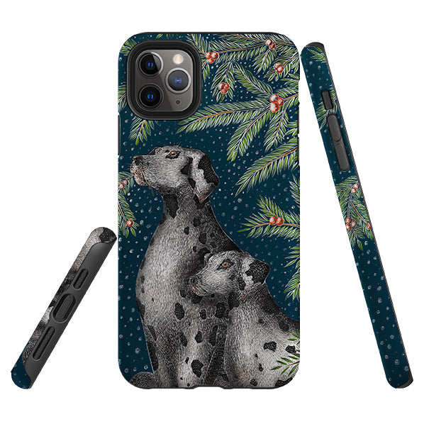 iPhone phone case-Christmas Dalmatians By Catherine Rowe-Product Details Raised bevel to protect screen from scratches. Impact resistant polycarbonate shell and shock absorbing inner TPU liner. Secure fit with design wrapping around side of the case and full access to ports. Compatible with Qi-standard wireless charging. Thickness 1/8 inch (3mm), weight 30g. Compatibility See drop down menu for options, please select the right case as we print to order.-Stringberry