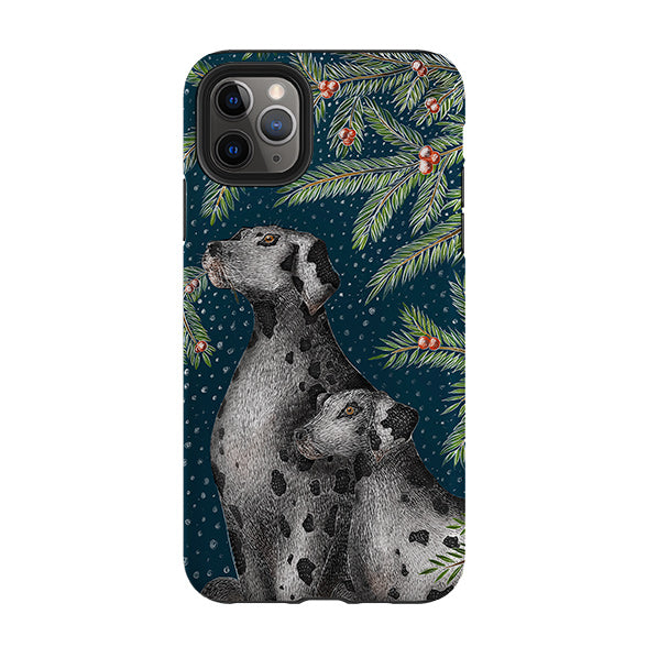 iPhone phone case-Christmas Dalmatians By Catherine Rowe-Product Details Raised bevel to protect screen from scratches. Impact resistant polycarbonate shell and shock absorbing inner TPU liner. Secure fit with design wrapping around side of the case and full access to ports. Compatible with Qi-standard wireless charging. Thickness 1/8 inch (3mm), weight 30g. Compatibility See drop down menu for options, please select the right case as we print to order.-Stringberry