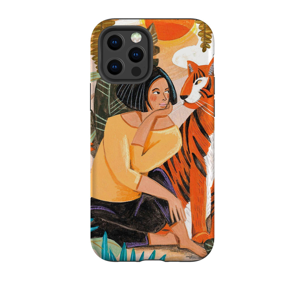 iPhone phone case-Hello Tiger By Caroline Bonne Muller-Product Details Raised bevel to protect screen from scratches. Impact resistant polycarbonate shell and shock absorbing inner TPU liner. Secure fit with design wrapping around side of the case and full access to ports. Compatible with Qi-standard wireless charging. Thickness 1/8 inch (3mm), weight 30g. Compatibility See drop down menu for options, please select the right case as we print to order.-Stringberry
