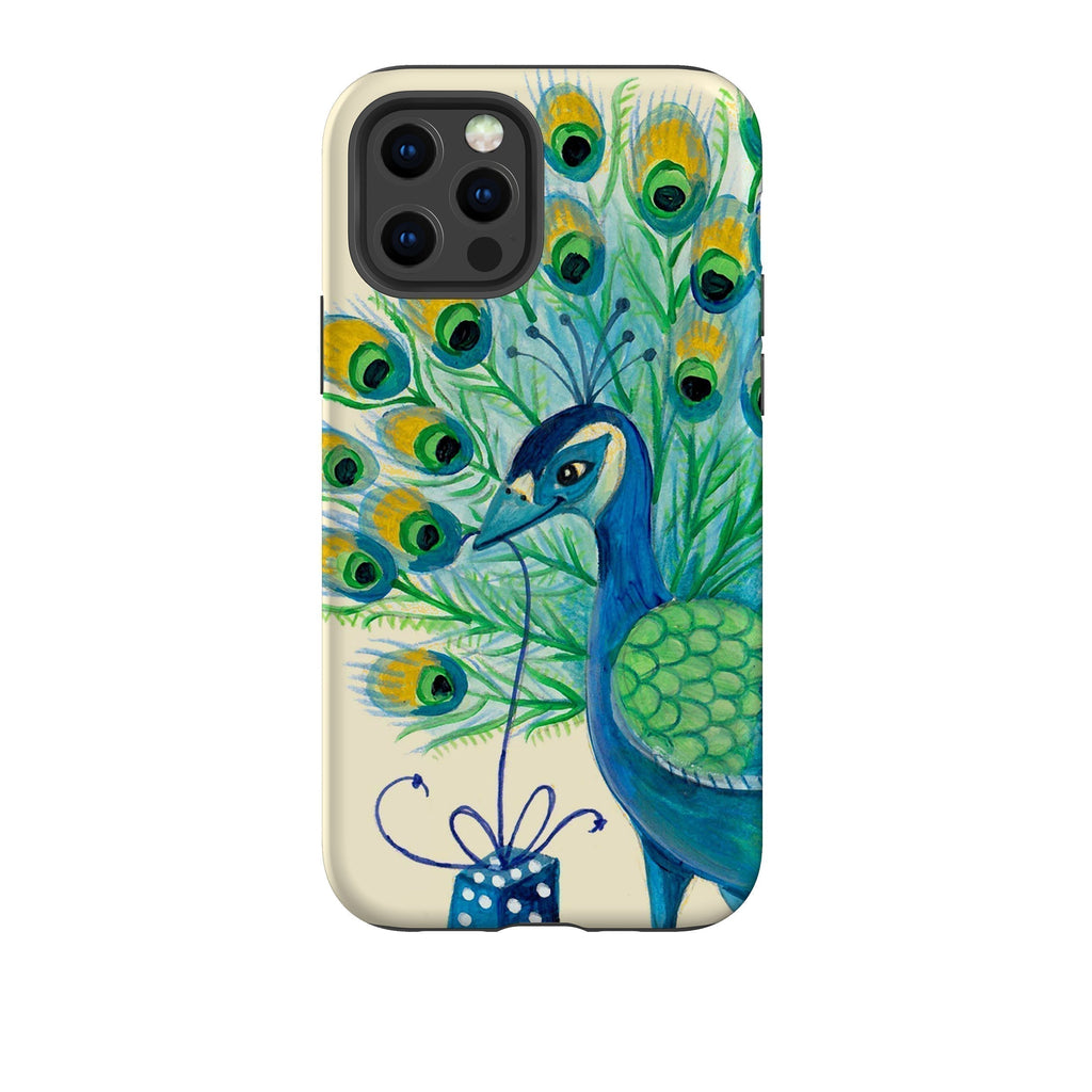 iPhone phone case-Peacock Present By Caroline Bonne Muller-Product Details Raised bevel to protect screen from scratches. Impact resistant polycarbonate shell and shock absorbing inner TPU liner. Secure fit with design wrapping around side of the case and full access to ports. Compatible with Qi-standard wireless charging. Thickness 1/8 inch (3mm), weight 30g. Compatibility See drop down menu for options, please select the right case as we print to order.-Stringberry