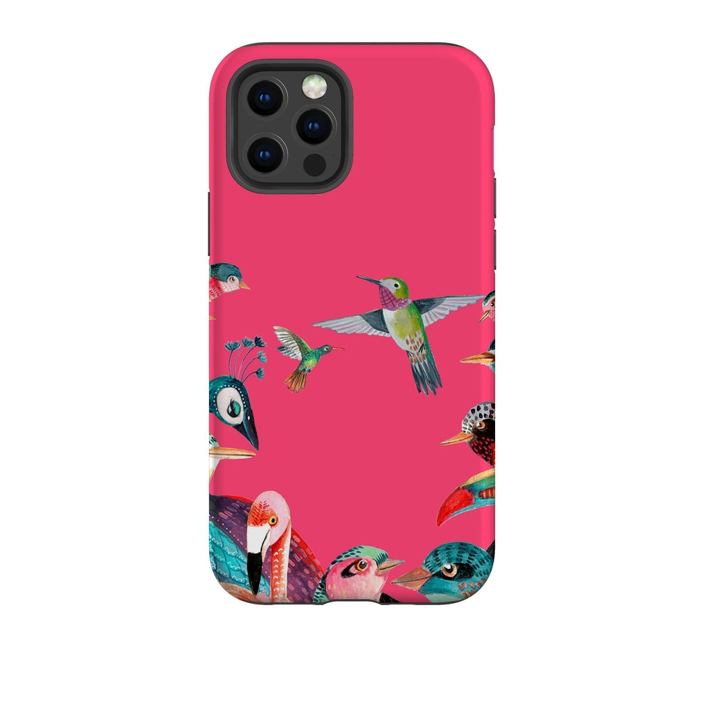 iPhone phone case-Pink Birds By Caroline Bonne Muller-Product Details Raised bevel to protect screen from scratches. Impact resistant polycarbonate shell and shock absorbing inner TPU liner. Secure fit with design wrapping around side of the case and full access to ports. Compatible with Qi-standard wireless charging. Thickness 1/8 inch (3mm), weight 30g. Compatibility See drop down menu for options, please select the right case as we print to order.-Stringberry