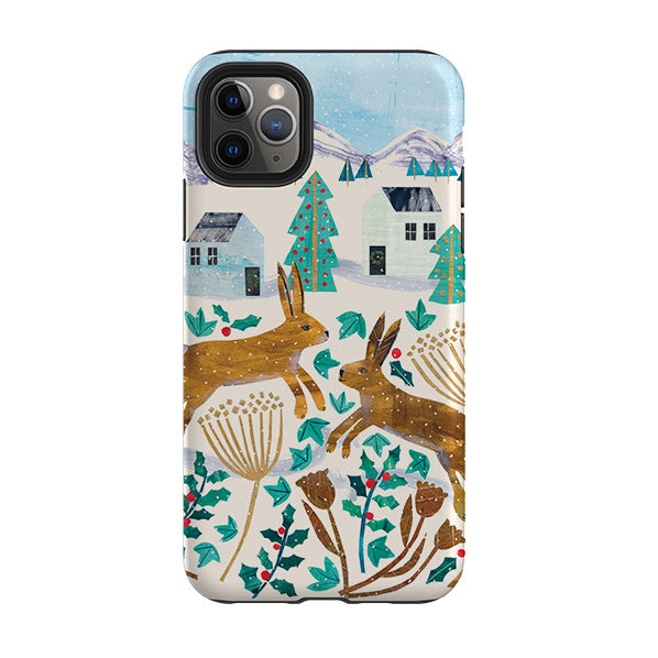 iPhone phone case-Xmas Hare By Tracey English-Product Details Raised bevel to protect screen from scratches. Impact resistant polycarbonate shell and shock absorbing inner TPU liner. Secure fit with design wrapping around side of the case and full access to ports. Compatible with Qi-standard wireless charging. Thickness 1/8 inch (3mm), weight 30g. Compatibility See drop down menu for options, please select the right case as we print to order.-Stringberry