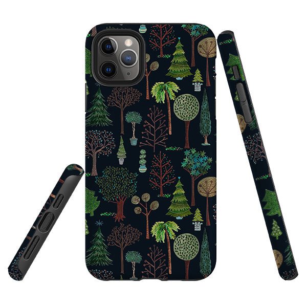 iPhone phone case-Xmas Trees Dark By Katherine Quinn-Product Details Raised bevel to protect screen from scratches. Impact resistant polycarbonate shell and shock absorbing inner TPU liner. Secure fit with design wrapping around side of the case and full access to ports. Compatible with Qi-standard wireless charging. Thickness 1/8 inch (3mm), weight 30g. Compatibility See drop down menu for options, please select the right case as we print to order.-Stringberry