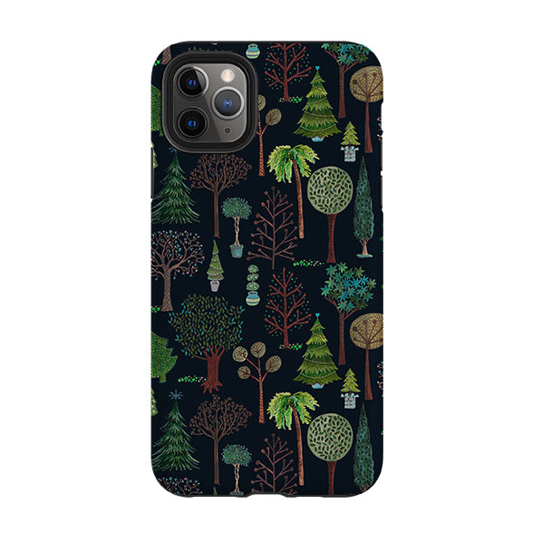 iPhone phone case-Xmas Trees Dark By Katherine Quinn-Product Details Raised bevel to protect screen from scratches. Impact resistant polycarbonate shell and shock absorbing inner TPU liner. Secure fit with design wrapping around side of the case and full access to ports. Compatible with Qi-standard wireless charging. Thickness 1/8 inch (3mm), weight 30g. Compatibility See drop down menu for options, please select the right case as we print to order.-Stringberry