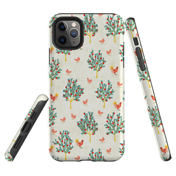iPhone phone case-Apple Trees and Chickens Cream By Katherine Quinn-Product Details Raised bevel to protect screen from scratches. Impact resistant polycarbonate shell and shock absorbing inner TPU liner. Secure fit with design wrapping around side of the case and full access to ports. Compatible with Qi-standard wireless charging. Thickness 1/8 inch (3mm), weight 30g. Compatibility See drop down menu for options, please select the right case as we print to order.-Stringberry