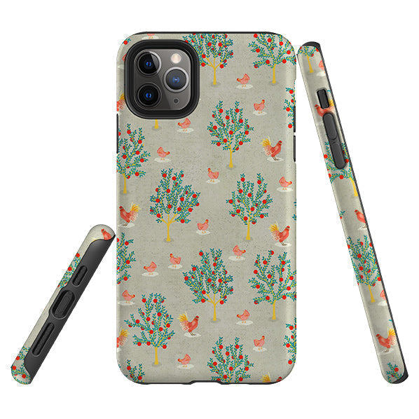 iPhone phone case-Apple Trees and Chickens Grey By Katherine Quinn-Product Details Raised bevel to protect screen from scratches. Impact resistant polycarbonate shell and shock absorbing inner TPU liner. Secure fit with design wrapping around side of the case and full access to ports. Compatible with Qi-standard wireless charging. Thickness 1/8 inch (3mm), weight 30g. Compatibility See drop down menu for options, please select the right case as we print to order.-Stringberry