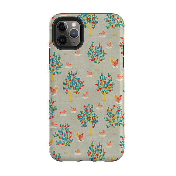 iPhone phone case-Apple Trees and Chickens Grey By Katherine Quinn-Product Details Raised bevel to protect screen from scratches. Impact resistant polycarbonate shell and shock absorbing inner TPU liner. Secure fit with design wrapping around side of the case and full access to ports. Compatible with Qi-standard wireless charging. Thickness 1/8 inch (3mm), weight 30g. Compatibility See drop down menu for options, please select the right case as we print to order.-Stringberry