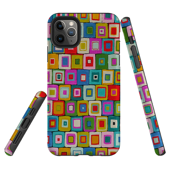 iPhone phone case-Atelier Blanket Squares Bright By Sarah Campbell-Product Details Raised bevel to protect screen from scratches. Impact resistant polycarbonate shell and shock absorbing inner TPU liner. Secure fit with design wrapping around side of the case and full access to ports. Compatible with Qi-standard wireless charging. Thickness 1/8 inch (3mm), weight 30g. Compatibility See drop down menu for options, please select the right case as we print to order.-Stringberry