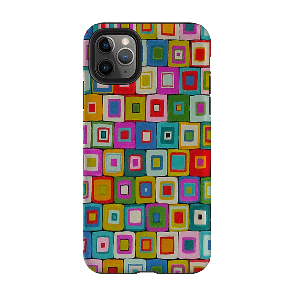 iPhone phone case-Atelier Blanket Squares Bright By Sarah Campbell-Product Details Raised bevel to protect screen from scratches. Impact resistant polycarbonate shell and shock absorbing inner TPU liner. Secure fit with design wrapping around side of the case and full access to ports. Compatible with Qi-standard wireless charging. Thickness 1/8 inch (3mm), weight 30g. Compatibility See drop down menu for options, please select the right case as we print to order.-Stringberry