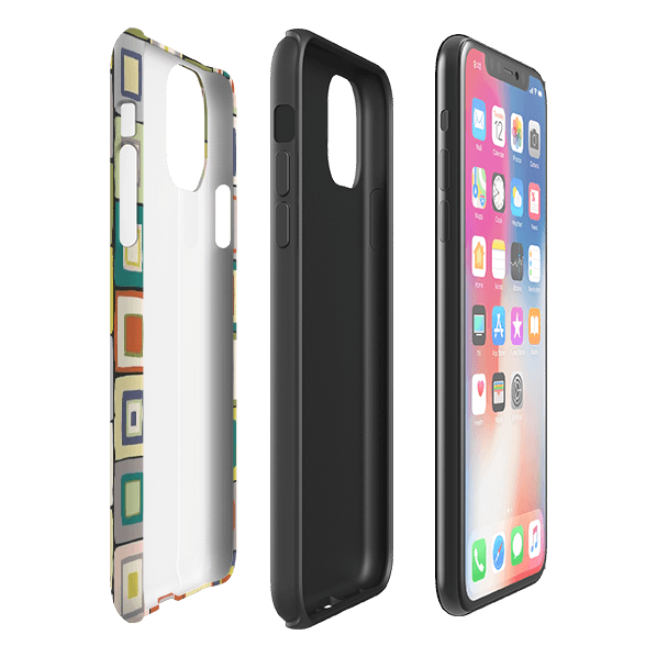 iPhone phone case-Atelier Blanket Squares Urbane By Sarah Campbell-Product Details Raised bevel to protect screen from scratches. Impact resistant polycarbonate shell and shock absorbing inner TPU liner. Secure fit with design wrapping around side of the case and full access to ports. Compatible with Qi-standard wireless charging. Thickness 1/8 inch (3mm), weight 30g. Compatibility See drop down menu for options, please select the right case as we print to order.-Stringberry