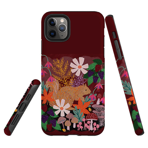 iPhone phone case-Autumn Squirrel By Lee Foster Wilson-Product Details Raised bevel to protect screen from scratches. Impact resistant polycarbonate shell and shock absorbing inner TPU liner. Secure fit with design wrapping around side of the case and full access to ports. Compatible with Qi-standard wireless charging. Thickness 1/8 inch (3mm), weight 30g. Compatibility See drop down menu for options, please select the right case as we print to order.-Stringberry