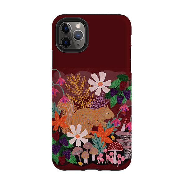 iPhone phone case-Autumn Squirrel By Lee Foster Wilson-Product Details Raised bevel to protect screen from scratches. Impact resistant polycarbonate shell and shock absorbing inner TPU liner. Secure fit with design wrapping around side of the case and full access to ports. Compatible with Qi-standard wireless charging. Thickness 1/8 inch (3mm), weight 30g. Compatibility See drop down menu for options, please select the right case as we print to order.-Stringberry