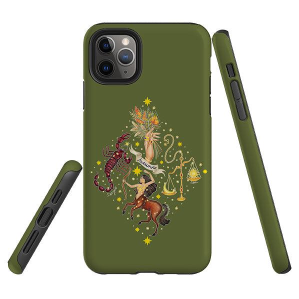 iPhone phone case-Autumn Zodiac By Catherine Rowe-Product Details Raised bevel to protect screen from scratches. Impact resistant polycarbonate shell and shock absorbing inner TPU liner. Secure fit with design wrapping around side of the case and full access to ports. Compatible with Qi-standard wireless charging. Thickness 1/8 inch (3mm), weight 30g. Compatibility See drop down menu for options, please select the right case as we print to order.-Stringberry