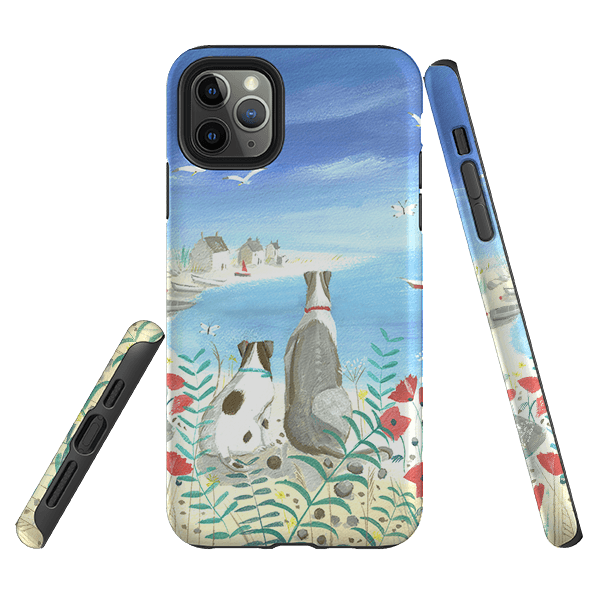 iPhone phone case-Beach Dogs By Mary Stubberfield-Product Details Raised bevel to protect screen from scratches. Impact resistant polycarbonate shell and shock absorbing inner TPU liner. Secure fit with design wrapping around side of the case and full access to ports. Compatible with Qi-standard wireless charging. Thickness 1/8 inch (3mm), weight 30g. Compatibility See drop down menu for options, please select the right case as we print to order.-Stringberry