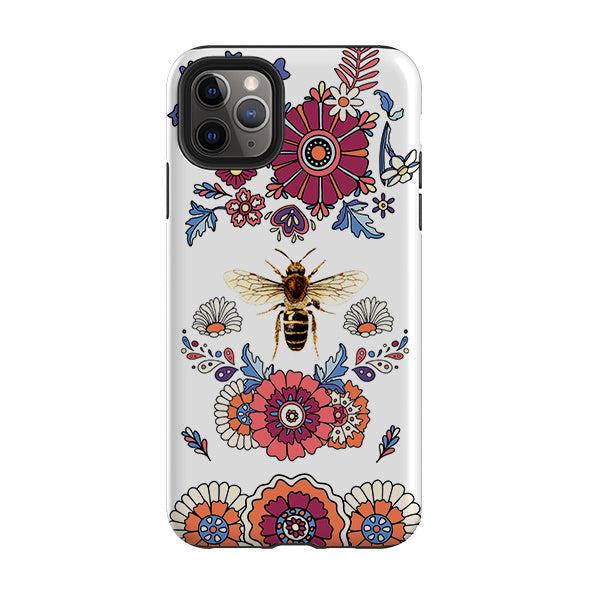 iPhone phone case-Bee Flower Power-Product Details Raised bevel to protect screen from scratches. Impact resistant polycarbonate shell and shock absorbing inner TPU liner. Secure fit with design wrapping around side of the case and full access to ports. Compatible with Qi-standard wireless charging. Thickness 1/8 inch (3mm), weight 30g. Compatibility See drop down menu for options, please select the right case as we print to order.-Stringberry