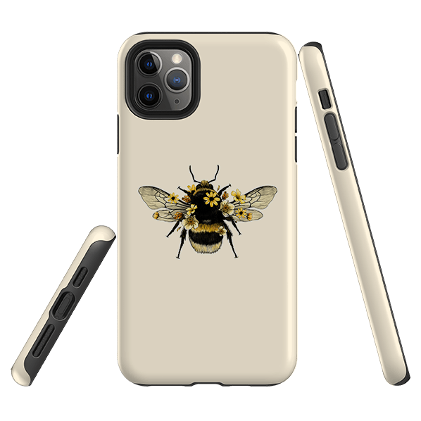 iPhone phone case-Bee I-Product Details Raised bevel to protect screen from scratches. Impact resistant polycarbonate shell and shock absorbing inner TPU liner. Secure fit with design wrapping around side of the case and full access to ports. Compatible with Qi-standard wireless charging. Thickness 1/8 inch (3mm), weight 30g. Compatibility See drop down menu for options, please select the right case as we print to order.-Stringberry
