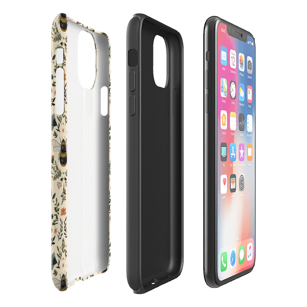iPhone phone case-Bees 2 By Jade Mosinski-Product Details Raised bevel to protect screen from scratches. Impact resistant polycarbonate shell and shock absorbing inner TPU liner. Secure fit with design wrapping around side of the case and full access to ports. Compatible with Qi-standard wireless charging. Thickness 1/8 inch (3mm), weight 30g. Compatibility See drop down menu for options, please select the right case as we print to order.-Stringberry