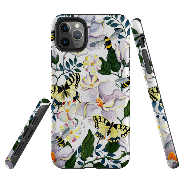 iPhone phone case-Bees And Magnolia By Bex Parkin-Product Details Raised bevel to protect screen from scratches. Impact resistant polycarbonate shell and shock absorbing inner TPU liner. Secure fit with design wrapping around side of the case and full access to ports. Compatible with Qi-standard wireless charging. Thickness 1/8 inch (3mm), weight 30g. Compatibility See drop down menu for options, please select the right case as we print to order.-Stringberry