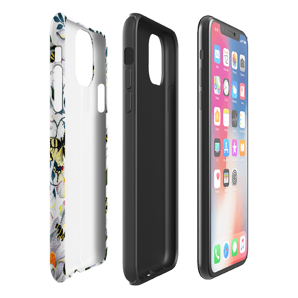 iPhone phone case-Bees And Magnolia By Bex Parkin-Product Details Raised bevel to protect screen from scratches. Impact resistant polycarbonate shell and shock absorbing inner TPU liner. Secure fit with design wrapping around side of the case and full access to ports. Compatible with Qi-standard wireless charging. Thickness 1/8 inch (3mm), weight 30g. Compatibility See drop down menu for options, please select the right case as we print to order.-Stringberry