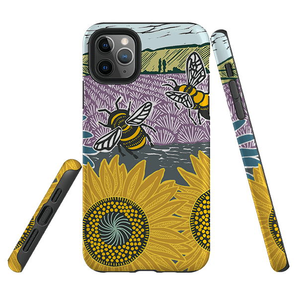 iPhone phone case-Bees And Sunflowers By Kate Heiss-Product Details Raised bevel to protect screen from scratches. Impact resistant polycarbonate shell and shock absorbing inner TPU liner. Secure fit with design wrapping around side of the case and full access to ports. Compatible with Qi-standard wireless charging. Thickness 1/8 inch (3mm), weight 30g. Compatibility See drop down menu for options, please select the right case as we print to order.-Stringberry