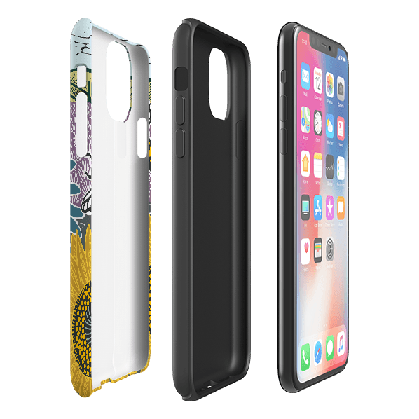 iPhone phone case-Bees And Sunflowers By Kate Heiss-Product Details Raised bevel to protect screen from scratches. Impact resistant polycarbonate shell and shock absorbing inner TPU liner. Secure fit with design wrapping around side of the case and full access to ports. Compatible with Qi-standard wireless charging. Thickness 1/8 inch (3mm), weight 30g. Compatibility See drop down menu for options, please select the right case as we print to order.-Stringberry