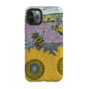 iPhone phone case-Bees And Sunflowers By Kate Heiss-Product Details Raised bevel to protect screen from scratches. Impact resistant polycarbonate shell and shock absorbing inner TPU liner. Secure fit with design wrapping around side of the case and full access to ports. Compatible with Qi-standard wireless charging. Thickness 1/8 inch (3mm), weight 30g. Compatibility See drop down menu for options, please select the right case as we print to order.-Stringberry