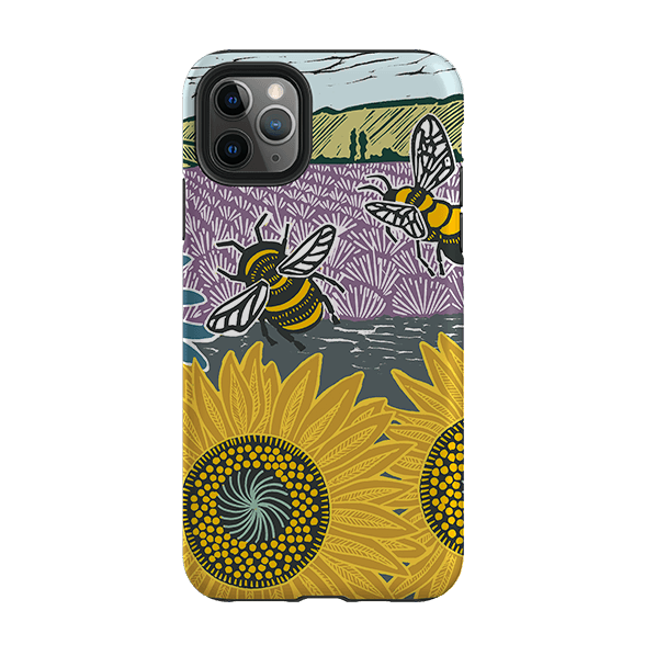 iPhone phone case-Bees And Sunflowers By Kate Heiss-Product Details Raised bevel to protect screen from scratches. Impact resistant polycarbonate shell and shock absorbing inner TPU liner. Secure fit with design wrapping around side of the case and full access to ports. Compatible with Qi-standard wireless charging. Thickness 1/8 inch (3mm), weight 30g. Compatibility See drop down menu for options, please select the right case as we print to order.-Stringberry