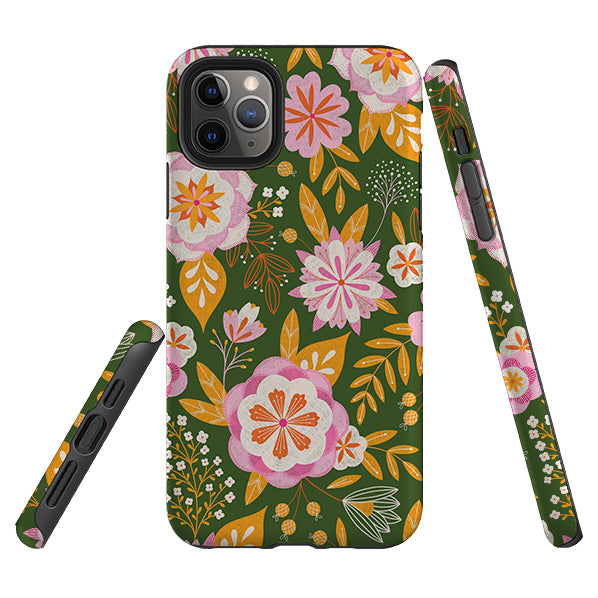 iPhone phone case-Big Bold Blooms Green By Jenny Zemanek-Product Details Raised bevel to protect screen from scratches. Impact resistant polycarbonate shell and shock absorbing inner TPU liner. Secure fit with design wrapping around side of the case and full access to ports. Compatible with Qi-standard wireless charging. Thickness 1/8 inch (3mm), weight 30g. Compatibility See drop down menu for options, please select the right case as we print to order.-Stringberry