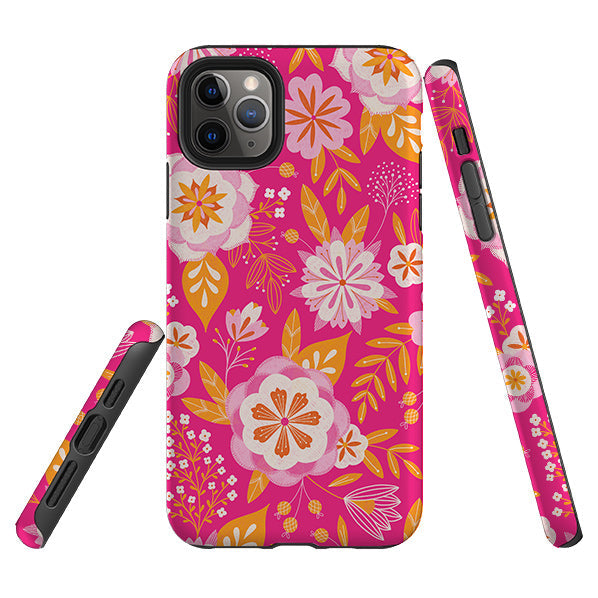 iPhone phone case-Big Bold Blooms Pink By Jenny Zemanek-Product Details Raised bevel to protect screen from scratches. Impact resistant polycarbonate shell and shock absorbing inner TPU liner. Secure fit with design wrapping around side of the case and full access to ports. Compatible with Qi-standard wireless charging. Thickness 1/8 inch (3mm), weight 30g. Compatibility See drop down menu for options, please select the right case as we print to order.-Stringberry