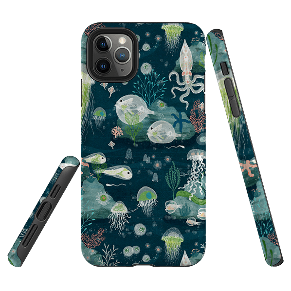 iPhone phone case-Bioluminescence By Katherine Quinn-Product Details Raised bevel to protect screen from scratches. Impact resistant polycarbonate shell and shock absorbing inner TPU liner. Secure fit with design wrapping around side of the case and full access to ports. Compatible with Qi-standard wireless charging. Thickness 1/8 inch (3mm), weight 30g. Compatibility See drop down menu for options, please select the right case as we print to order.-Stringberry