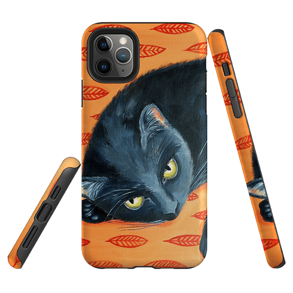 iPhone phone case-Black Cat By Mary Stubberfield-Product Details Raised bevel to protect screen from scratches. Impact resistant polycarbonate shell and shock absorbing inner TPU liner. Secure fit with design wrapping around side of the case and full access to ports. Compatible with Qi-standard wireless charging. Thickness 1/8 inch (3mm), weight 30g. Compatibility See drop down menu for options, please select the right case as we print to order.-Stringberry