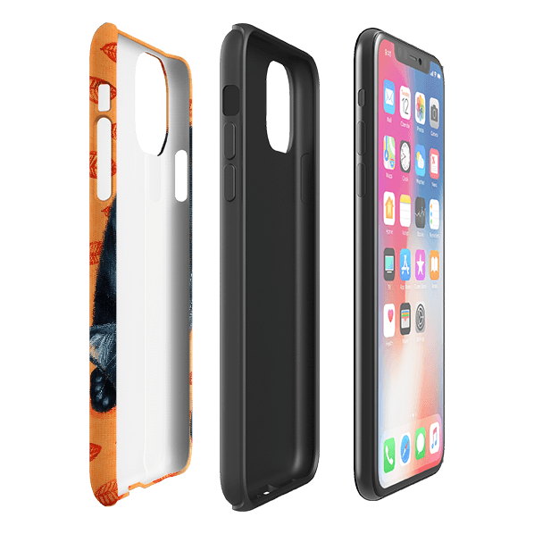 iPhone phone case-Black Cat By Mary Stubberfield-Product Details Raised bevel to protect screen from scratches. Impact resistant polycarbonate shell and shock absorbing inner TPU liner. Secure fit with design wrapping around side of the case and full access to ports. Compatible with Qi-standard wireless charging. Thickness 1/8 inch (3mm), weight 30g. Compatibility See drop down menu for options, please select the right case as we print to order.-Stringberry