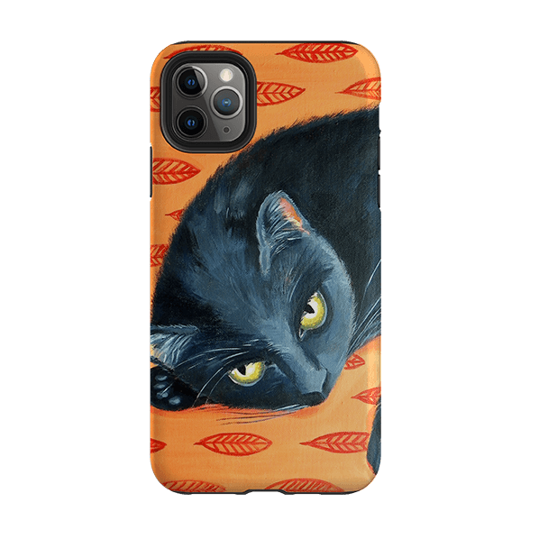 iPhone phone case-Black Cat By Mary Stubberfield-Product Details Raised bevel to protect screen from scratches. Impact resistant polycarbonate shell and shock absorbing inner TPU liner. Secure fit with design wrapping around side of the case and full access to ports. Compatible with Qi-standard wireless charging. Thickness 1/8 inch (3mm), weight 30g. Compatibility See drop down menu for options, please select the right case as we print to order.-Stringberry