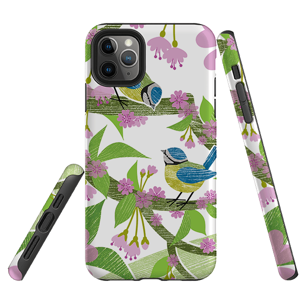 iPhone phone case-Blue Tits And Blossom By Liane Payne-Product Details Raised bevel to protect screen from scratches. Impact resistant polycarbonate shell and shock absorbing inner TPU liner. Secure fit with design wrapping around side of the case and full access to ports. Compatible with Qi-standard wireless charging. Thickness 1/8 inch (3mm), weight 30g. Compatibility See drop down menu for options, please select the right case as we print to order.-Stringberry