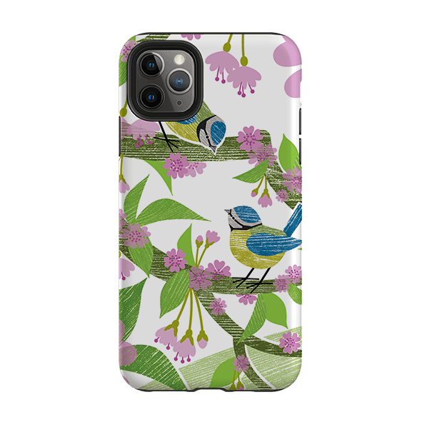 iPhone phone case-Blue Tits And Blossom By Liane Payne-Product Details Raised bevel to protect screen from scratches. Impact resistant polycarbonate shell and shock absorbing inner TPU liner. Secure fit with design wrapping around side of the case and full access to ports. Compatible with Qi-standard wireless charging. Thickness 1/8 inch (3mm), weight 30g. Compatibility See drop down menu for options, please select the right case as we print to order.-Stringberry