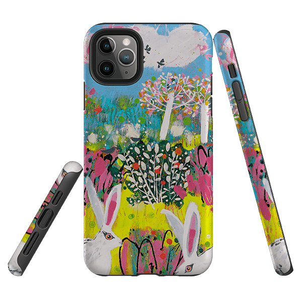 iPhone phone case-Bunnies By Claire West-Product Details Raised bevel to protect screen from scratches. Impact resistant polycarbonate shell and shock absorbing inner TPU liner. Secure fit with design wrapping around side of the case and full access to ports. Compatible with Qi-standard wireless charging. Thickness 1/8 inch (3mm), weight 30g. Compatibility See drop down menu for options, please select the right case as we print to order.-Stringberry