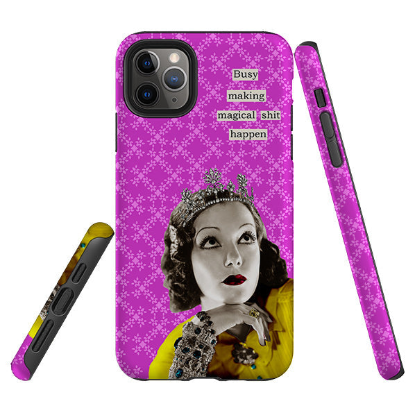 iPhone phone case-Busy Making Magical Sh-t Happen By Clare Jordan-Product Details Raised bevel to protect screen from scratches. Impact resistant polycarbonate shell and shock absorbing inner TPU liner. Secure fit with design wrapping around side of the case and full access to ports. Compatible with Qi-standard wireless charging. Thickness 1/8 inch (3mm), weight 30g. Compatibility See drop down menu for options, please select the right case as we print to order.-Stringberry