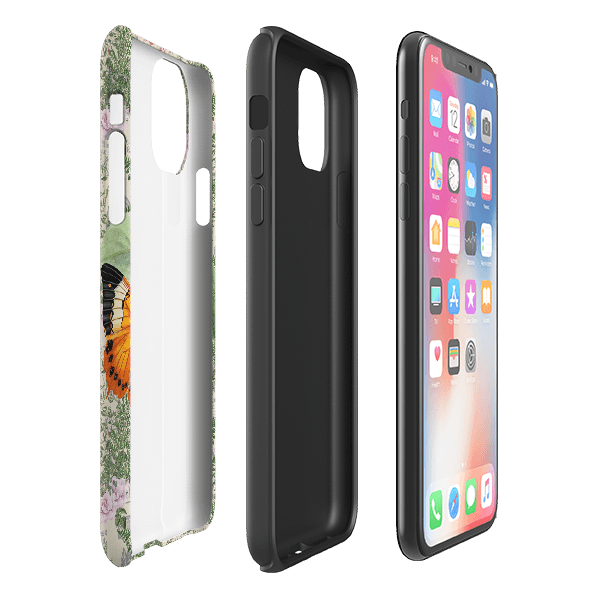 iPhone phone case-Butterfly Stories-Product Details Raised bevel to protect screen from scratches. Impact resistant polycarbonate shell and shock absorbing inner TPU liner. Secure fit with design wrapping around side of the case and full access to ports. Compatible with Qi-standard wireless charging. Thickness 1/8 inch (3mm), weight 30g. Compatibility See drop down menu for options, please select the right case as we print to order.-Stringberry
