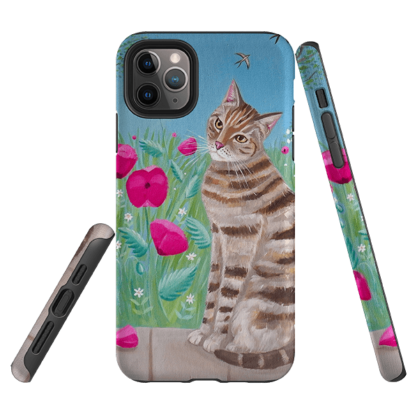 iPhone phone case-Cat Floral By Mary Stubberfield-Product Details Raised bevel to protect screen from scratches. Impact resistant polycarbonate shell and shock absorbing inner TPU liner. Secure fit with design wrapping around side of the case and full access to ports. Compatible with Qi-standard wireless charging. Thickness 1/8 inch (3mm), weight 30g. Compatibility See drop down menu for options, please select the right case as we print to order.-Stringberry