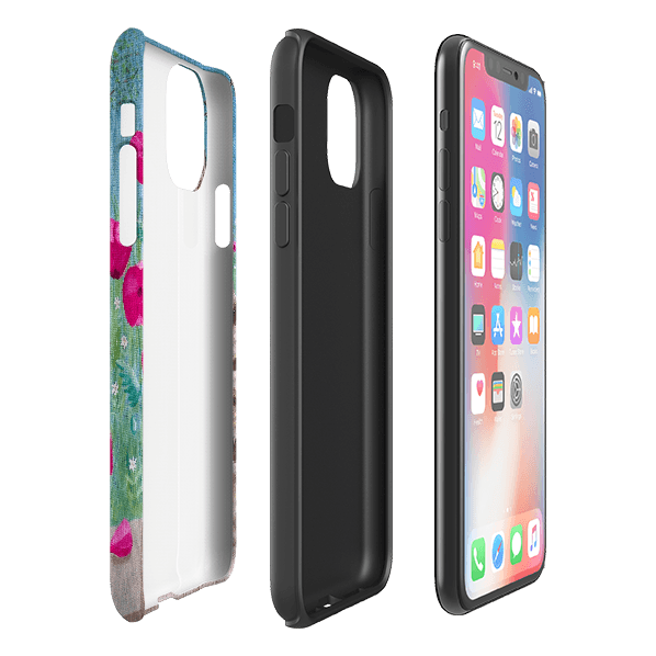iPhone phone case-Cat Floral By Mary Stubberfield-Product Details Raised bevel to protect screen from scratches. Impact resistant polycarbonate shell and shock absorbing inner TPU liner. Secure fit with design wrapping around side of the case and full access to ports. Compatible with Qi-standard wireless charging. Thickness 1/8 inch (3mm), weight 30g. Compatibility See drop down menu for options, please select the right case as we print to order.-Stringberry