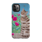 iPhone phone case-Cat Floral By Mary Stubberfield-Product Details Raised bevel to protect screen from scratches. Impact resistant polycarbonate shell and shock absorbing inner TPU liner. Secure fit with design wrapping around side of the case and full access to ports. Compatible with Qi-standard wireless charging. Thickness 1/8 inch (3mm), weight 30g. Compatibility See drop down menu for options, please select the right case as we print to order.-Stringberry