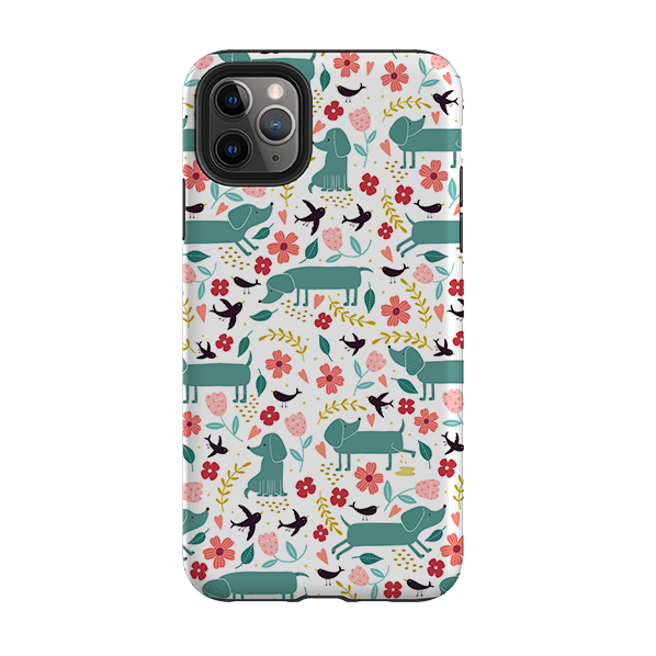 iPhone phone case-Cheeky Daschunds By Suzy Taylor-Product Details Raised bevel to protect screen from scratches. Impact resistant polycarbonate shell and shock absorbing inner TPU liner. Secure fit with design wrapping around side of the case and full access to ports. Compatible with Qi-standard wireless charging. Thickness 1/8 inch (3mm), weight 30g. Compatibility See drop down menu for options, please select the right case as we print to order.-Stringberry