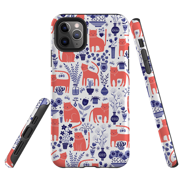 iPhone phone case-Coral Cats By Suzy Taylor-Product Details Raised bevel to protect screen from scratches. Impact resistant polycarbonate shell and shock absorbing inner TPU liner. Secure fit with design wrapping around side of the case and full access to ports. Compatible with Qi-standard wireless charging. Thickness 1/8 inch (3mm), weight 30g. Compatibility See drop down menu for options, please select the right case as we print to order.-Stringberry