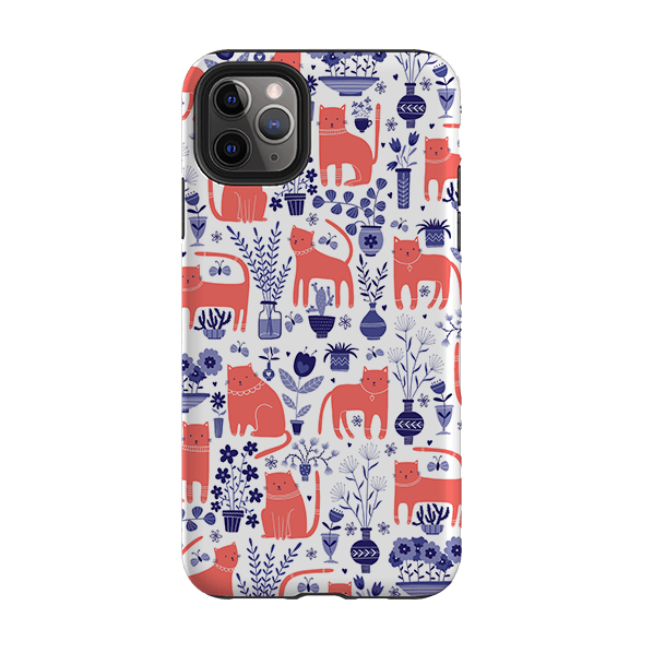 iPhone phone case-Coral Cats By Suzy Taylor-Product Details Raised bevel to protect screen from scratches. Impact resistant polycarbonate shell and shock absorbing inner TPU liner. Secure fit with design wrapping around side of the case and full access to ports. Compatible with Qi-standard wireless charging. Thickness 1/8 inch (3mm), weight 30g. Compatibility See drop down menu for options, please select the right case as we print to order.-Stringberry