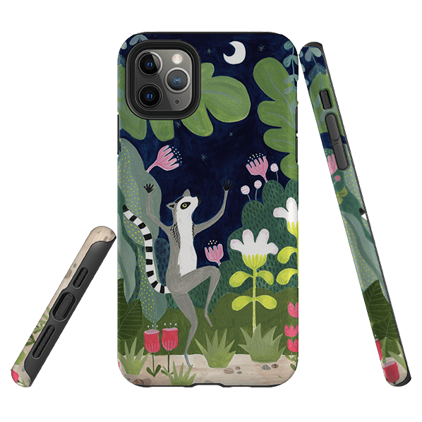 iPhone phone case-Dancing Lemur By Bex Parkin-Product Details Raised bevel to protect screen from scratches. Impact resistant polycarbonate shell and shock absorbing inner TPU liner. Secure fit with design wrapping around side of the case and full access to ports. Compatible with Qi-standard wireless charging. Thickness 1/8 inch (3mm), weight 30g. Compatibility See drop down menu for options, please select the right case as we print to order.-Stringberry