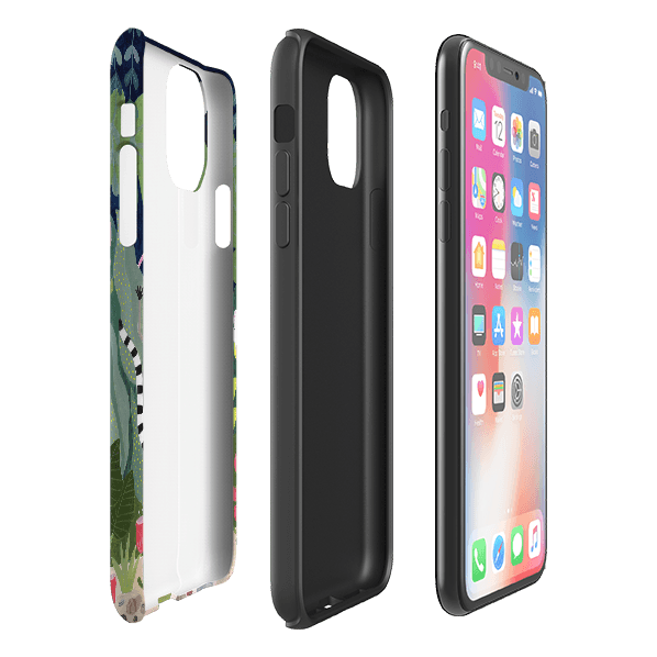 iPhone phone case-Dancing Lemur By Bex Parkin-Product Details Raised bevel to protect screen from scratches. Impact resistant polycarbonate shell and shock absorbing inner TPU liner. Secure fit with design wrapping around side of the case and full access to ports. Compatible with Qi-standard wireless charging. Thickness 1/8 inch (3mm), weight 30g. Compatibility See drop down menu for options, please select the right case as we print to order.-Stringberry