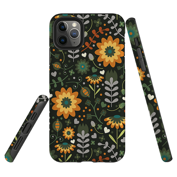 iPhone phone case-Dark Floral By Suzy Taylor-Product Details Raised bevel to protect screen from scratches. Impact resistant polycarbonate shell and shock absorbing inner TPU liner. Secure fit with design wrapping around side of the case and full access to ports. Compatible with Qi-standard wireless charging. Thickness 1/8 inch (3mm), weight 30g. Compatibility See drop down menu for options, please select the right case as we print to order.-Stringberry