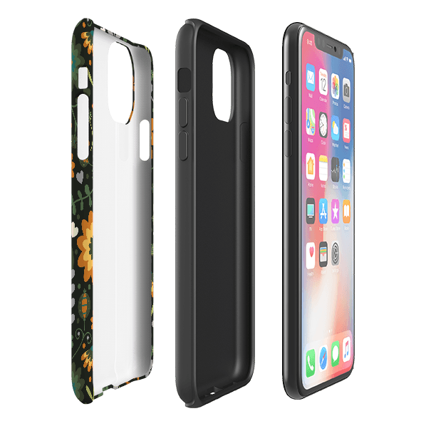 iPhone phone case-Dark Floral By Suzy Taylor-Product Details Raised bevel to protect screen from scratches. Impact resistant polycarbonate shell and shock absorbing inner TPU liner. Secure fit with design wrapping around side of the case and full access to ports. Compatible with Qi-standard wireless charging. Thickness 1/8 inch (3mm), weight 30g. Compatibility See drop down menu for options, please select the right case as we print to order.-Stringberry