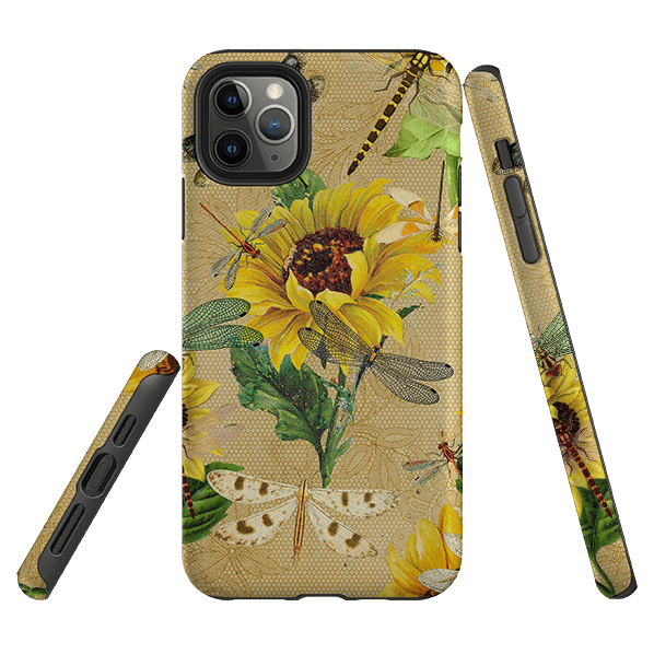 iPhone phone case-Dragonflies And Sunflowers-Product Details Raised bevel to protect screen from scratches. Impact resistant polycarbonate shell and shock absorbing inner TPU liner. Secure fit with design wrapping around side of the case and full access to ports. Compatible with Qi-standard wireless charging. Thickness 1/8 inch (3mm), weight 30g. Compatibility See drop down menu for options, please select the right case as we print to order.-Stringberry